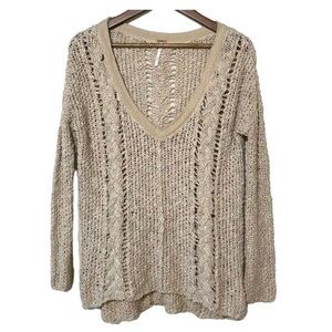 Free People | Oversized V-Neck Open Knit Sweater Beige Cotton Blend | Small